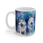 Mug with two huskies in a snowy landscape design on a white background
