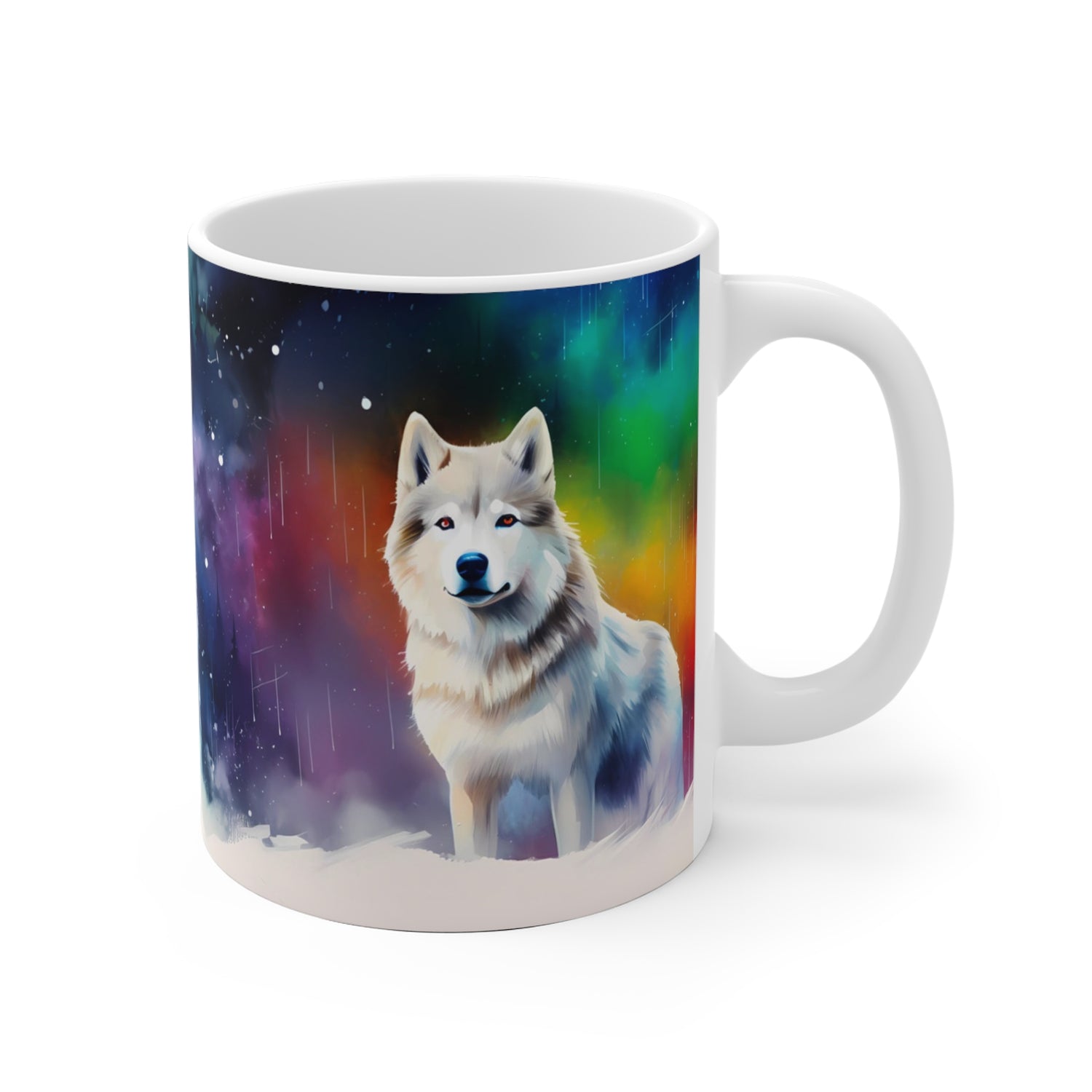 Coffee Mug with a huskies design on a colorful background