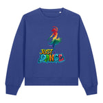 Stanley/Stella Blue sweatshirt with a colorful 'Just Dance' graphic on a white background