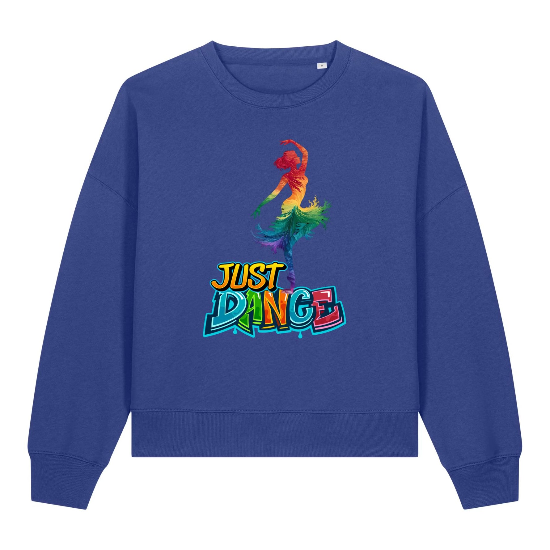 Stanley/Stella Blue sweatshirt with a colorful 'Just Dance' graphic on a white background