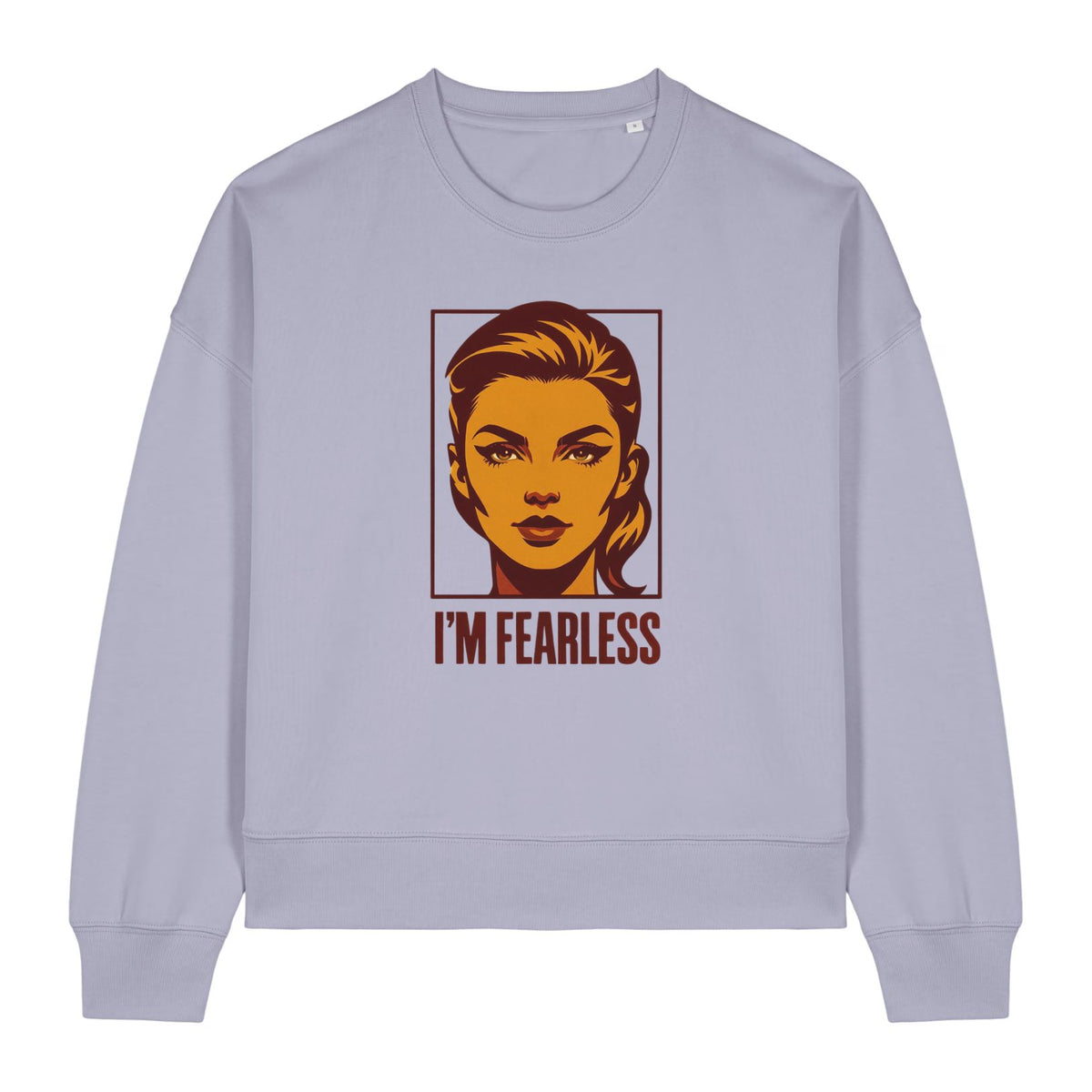 Stanley/Stella Light purple sweatshirt with a graphic of a woman's face and 'I'm Fearless' text on a white background