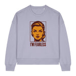 Stanley/Stella Light purple sweatshirt with a graphic of a woman's face and 'I'm Fearless' text on a white background