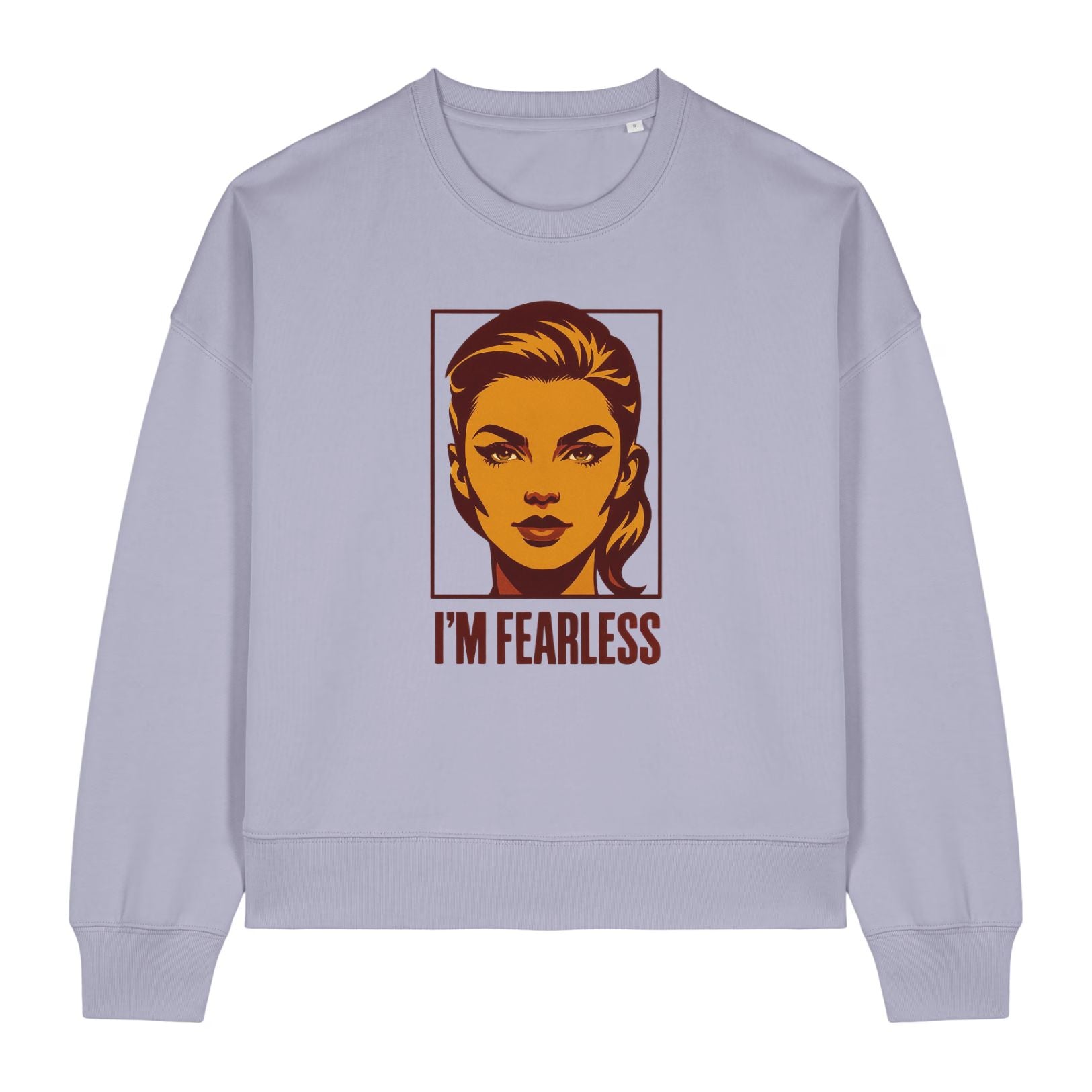 Stanley/Stella Light purple sweatshirt with a graphic of a woman's face and 'I'm Fearless' text on a white background