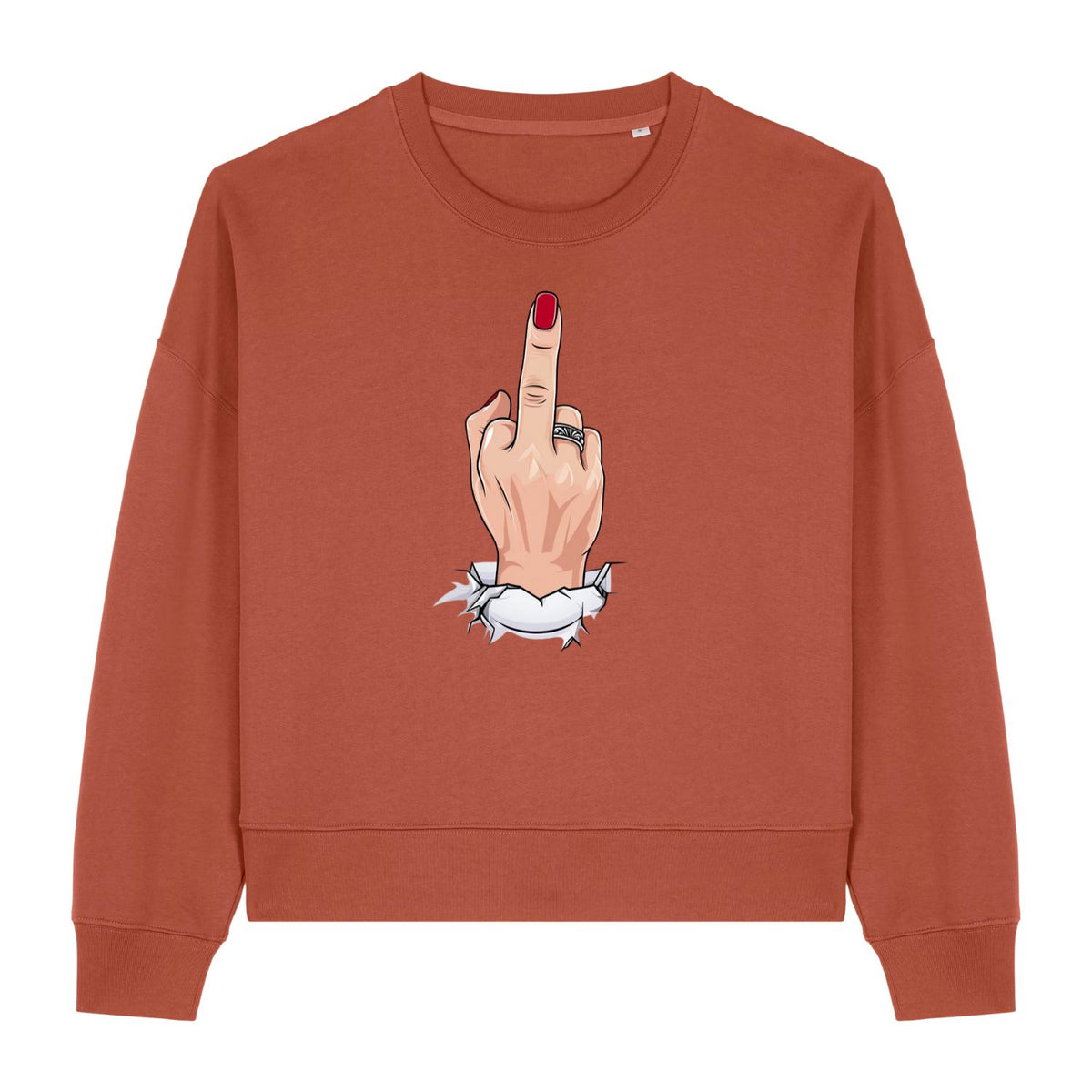 Stanley/Stella Brown sweatshirt with a graphic of a hand giving the middle finger on a white background