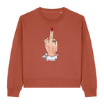 Stanley/Stella Brown sweatshirt with a graphic of a hand giving the middle finger on a white background
