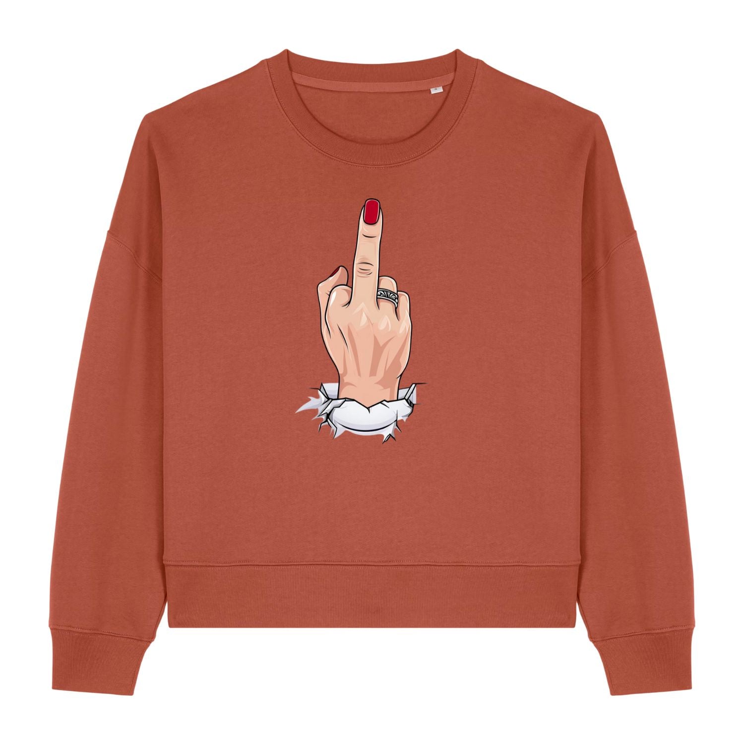 Stanley/Stella Brown sweatshirt with a graphic of a hand giving the middle finger on a white background