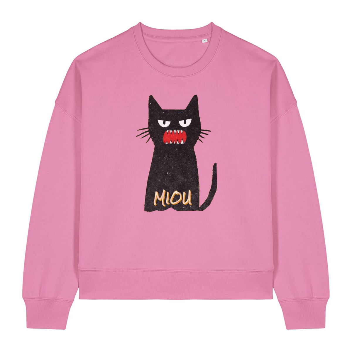 Stanley/Stella Pink sweatshirt with a black cat graphic and 'MIOU' text on a white background