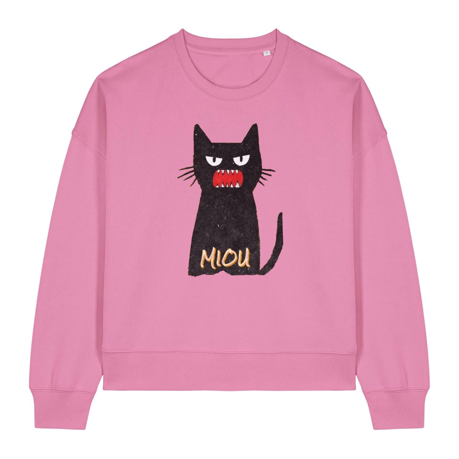Stanley/Stella Pink sweatshirt with a black cat graphic and 'MIOU' text on a white background