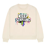 Stanley/Stella Beige sweatshirt with 'KEEP SCROLLING' text in colorful graffiti style on a white background