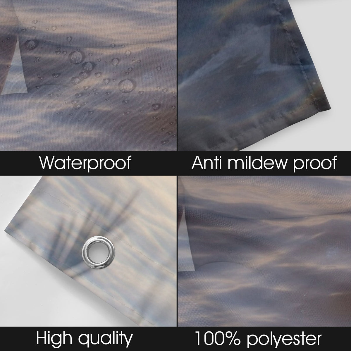 Four panels showing waterproof, anti-mildew proof, high quality, and 100% polyester features of a material.