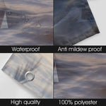 Four panels showing waterproof, anti-mildew proof, high quality, and 100% polyester features of a material.