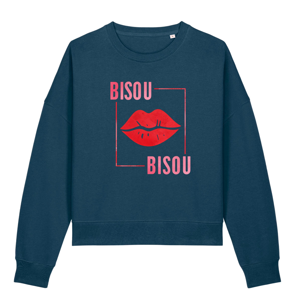 Blue sweatshirt with red lips and 'Bisou Bisou' text on a white background