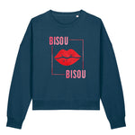 Blue sweatshirt with red lips and 'Bisou Bisou' text on a white background