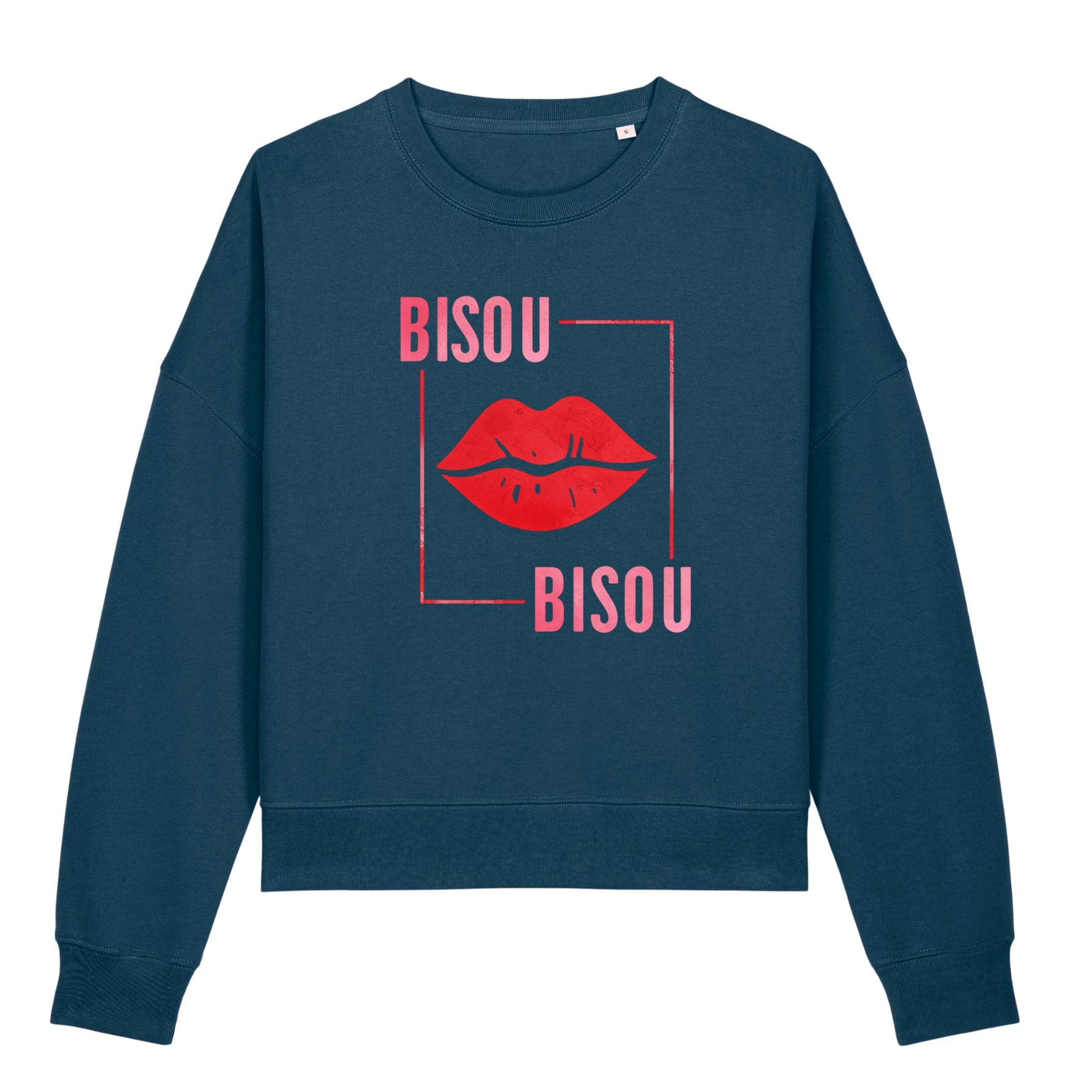Blue sweatshirt with red lips and 'Bisou Bisou' text on a white background