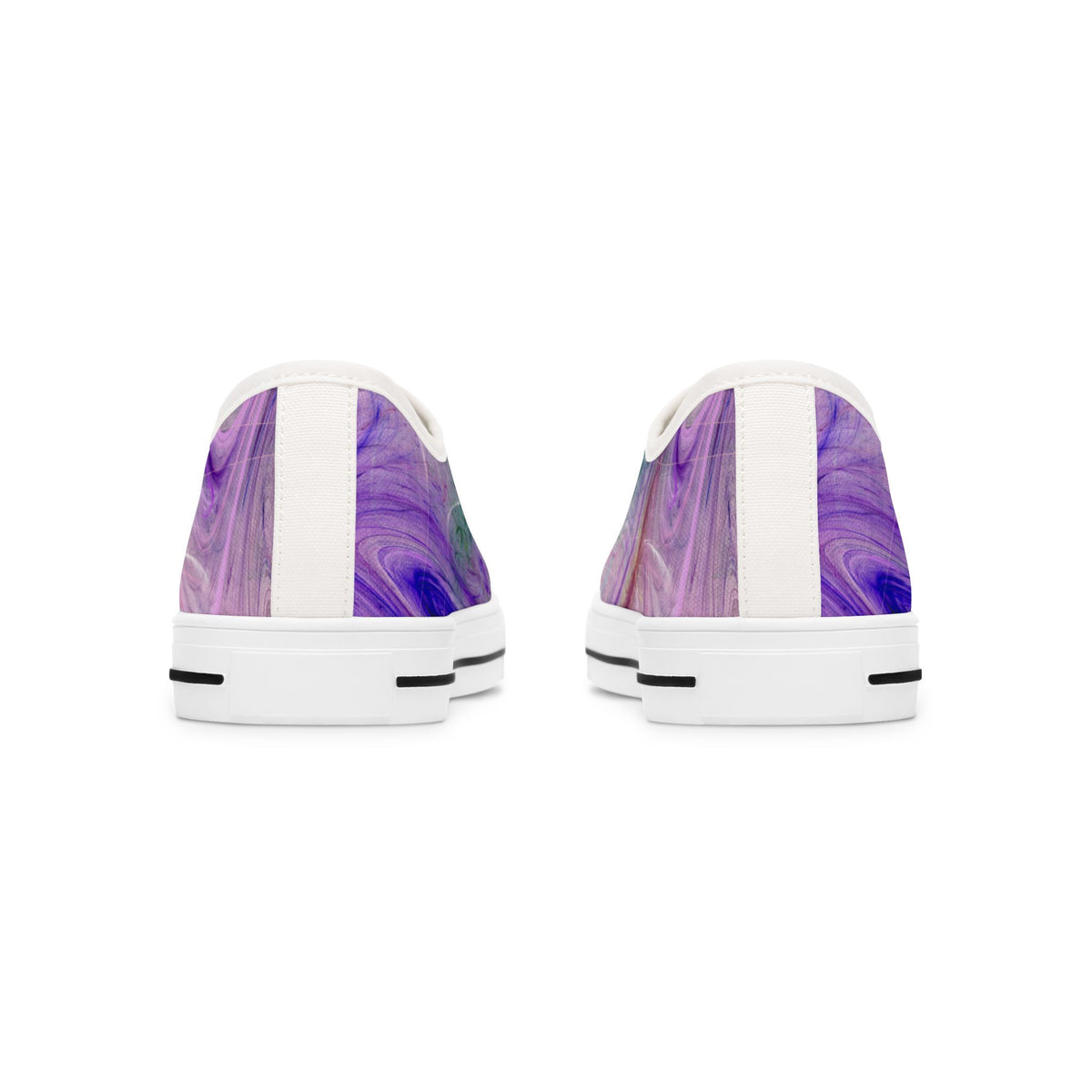 Pair of womens white sneakers with purple and blue marbled pattern on a white background