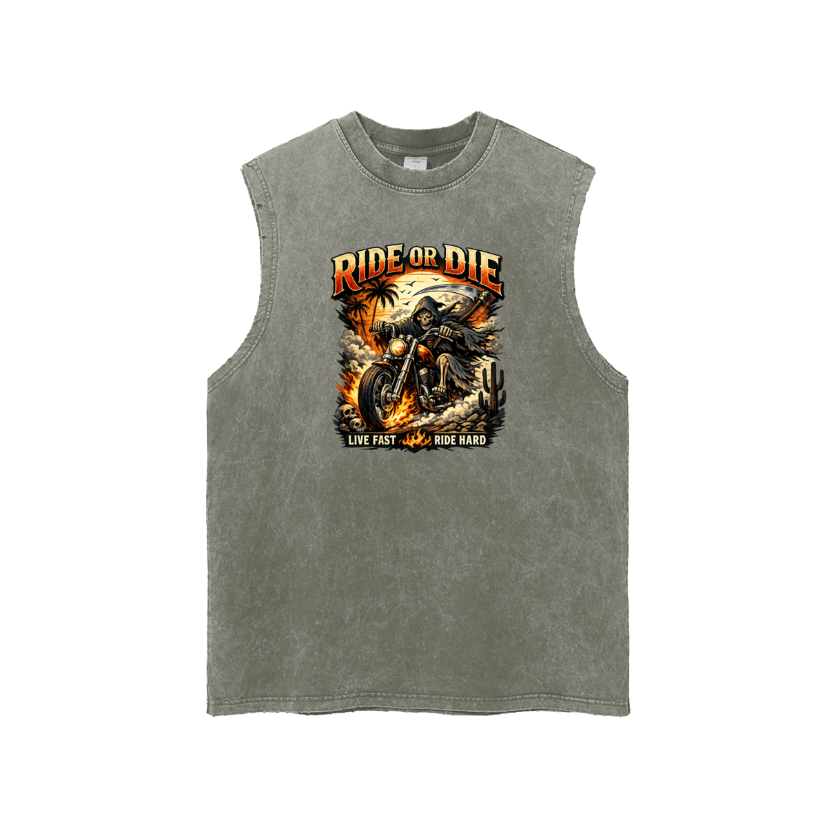 Mens Gray tank top with 'Ride or Die' graphic design on a white background