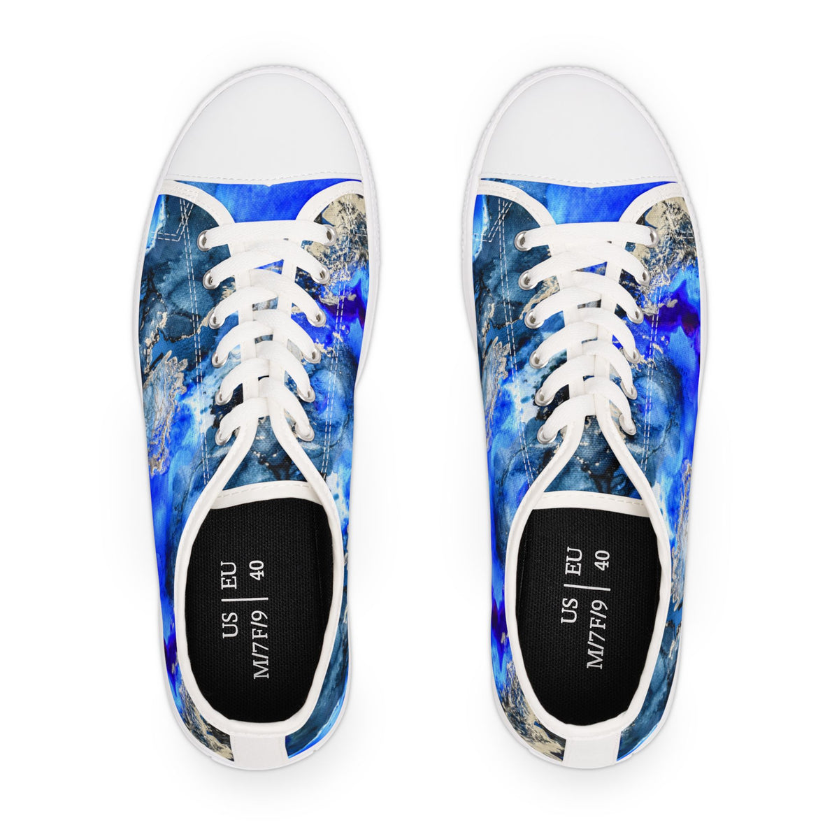 Pair of women's sneakers with a blue and white abstract design on a white background