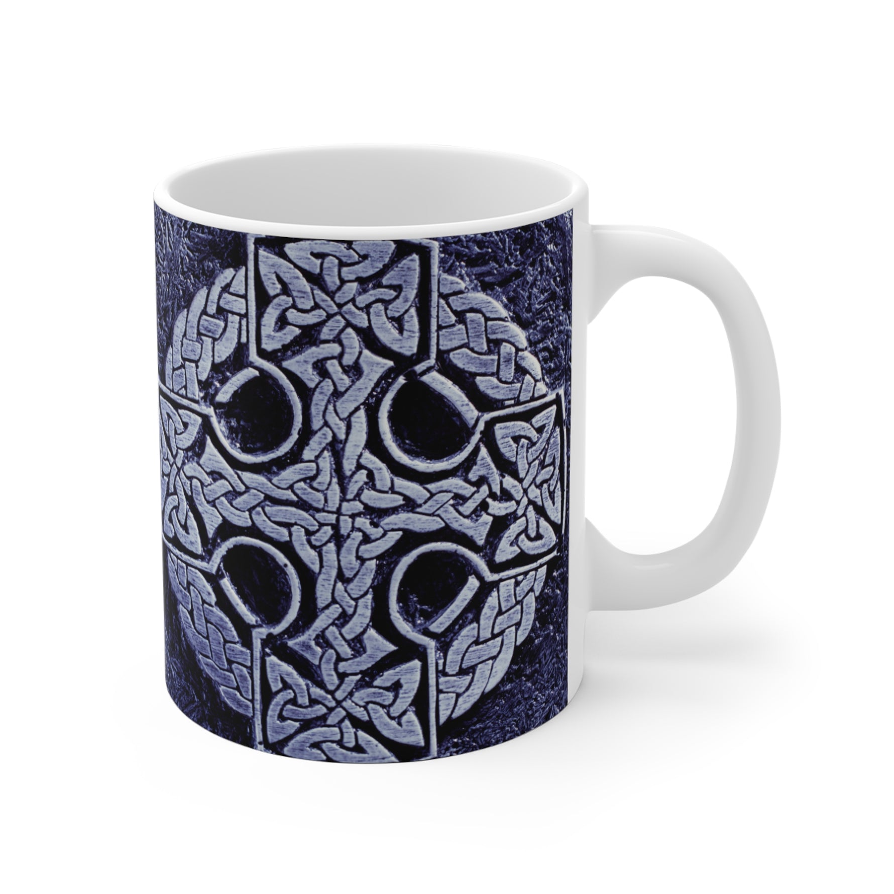 Mug with Celtic knot design on a white background