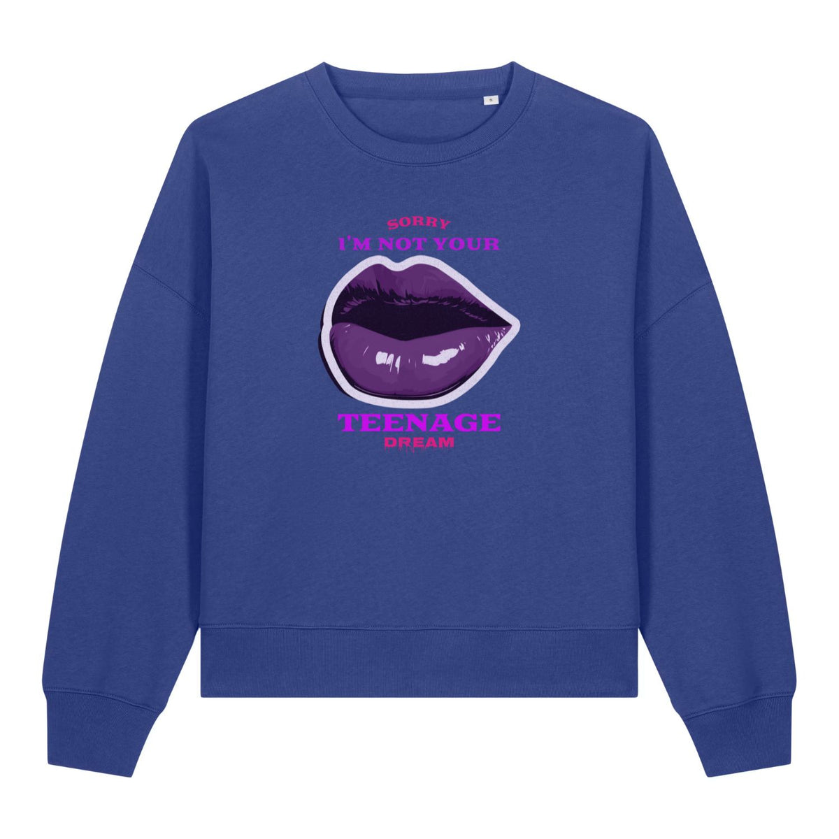 Stanley/Stella women's blue sweatshirt with a graphic design of lips and text on a white background