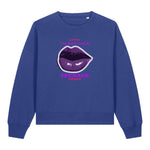 Stanley/Stella women's blue sweatshirt with a graphic design of lips and text on a white background