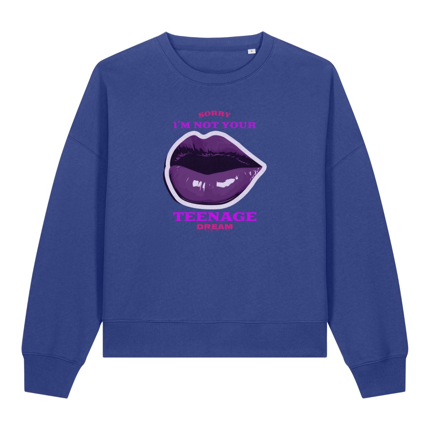 Stanley/Stella women's blue sweatshirt with a graphic design of lips and text on a white background