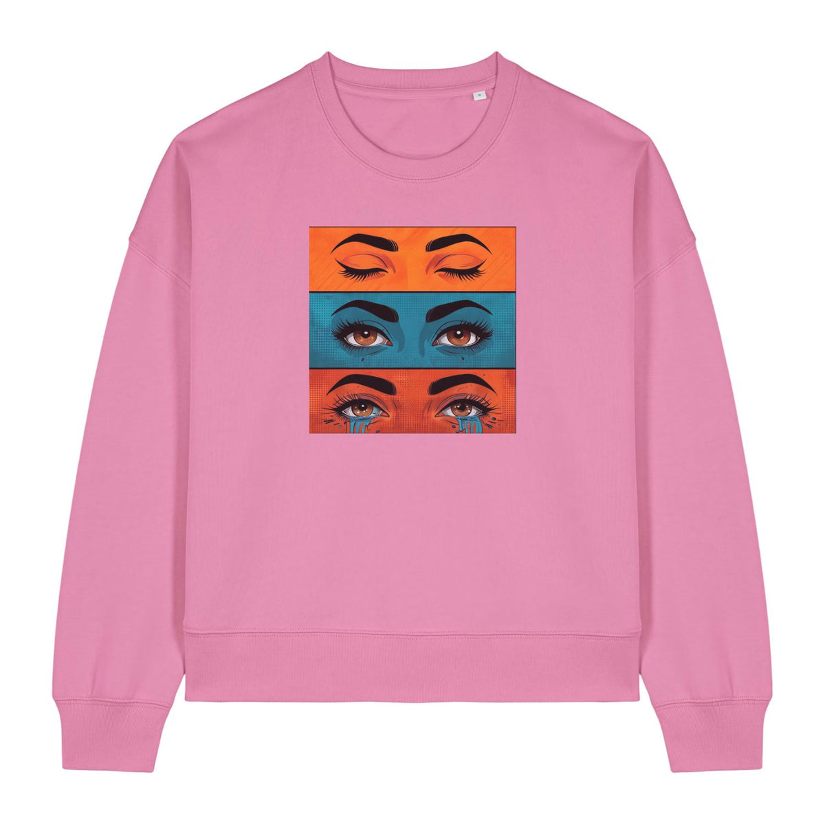 Stanley/Stella Pink sweatshirt with a graphic of eyes on a white background