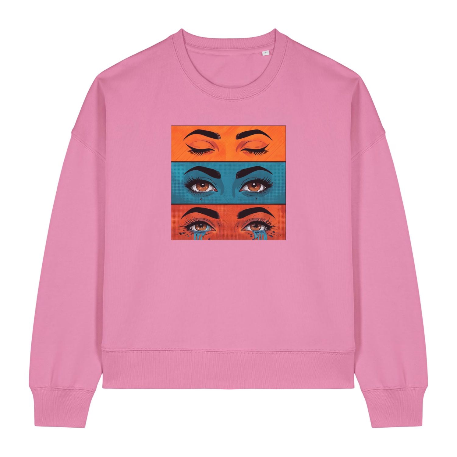 Stanley/Stella Pink sweatshirt with a graphic of eyes on a white background