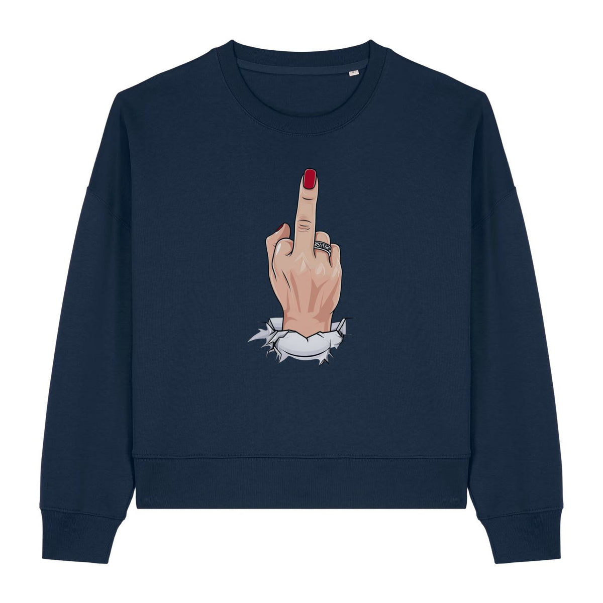 Stanley/Stella Navy blue sweatshirt with a graphic of a hand giving the middle finger on a white background
