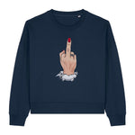 Stanley/Stella Navy blue sweatshirt with a graphic of a hand giving the middle finger on a white background