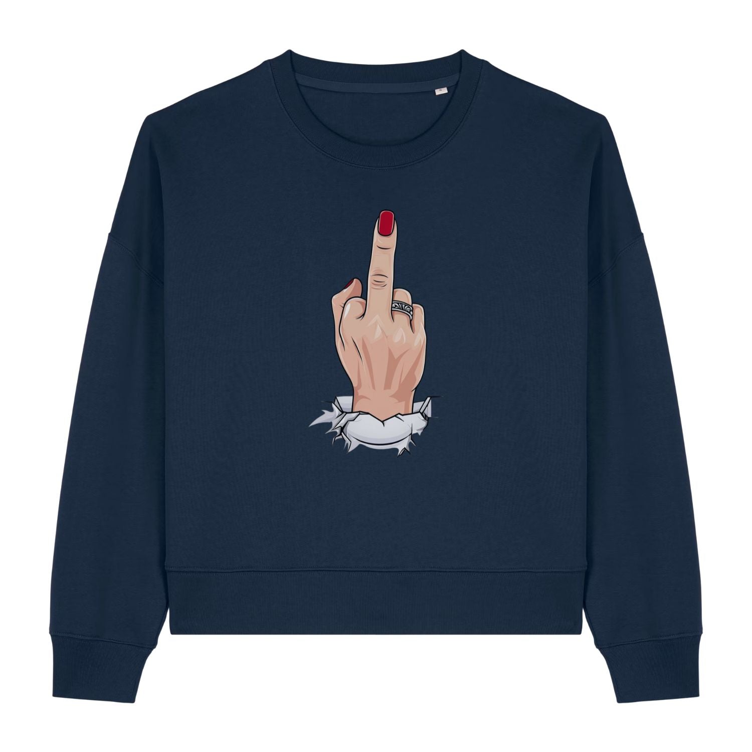 Stanley/Stella Navy blue sweatshirt with a graphic of a hand giving the middle finger on a white background