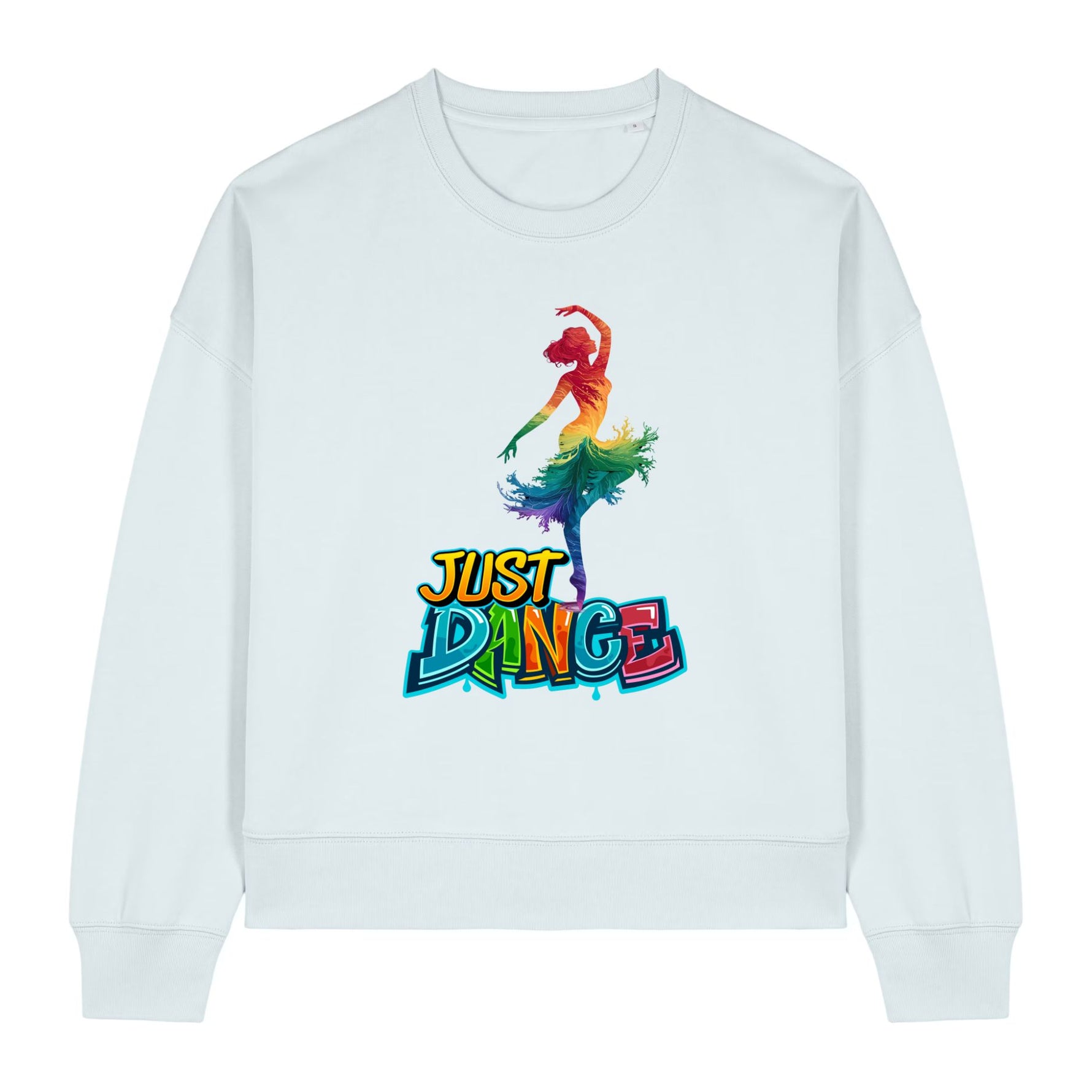Stanley/Stella White sweatshirt with a colorful 'Just Dance' graphic on a white background