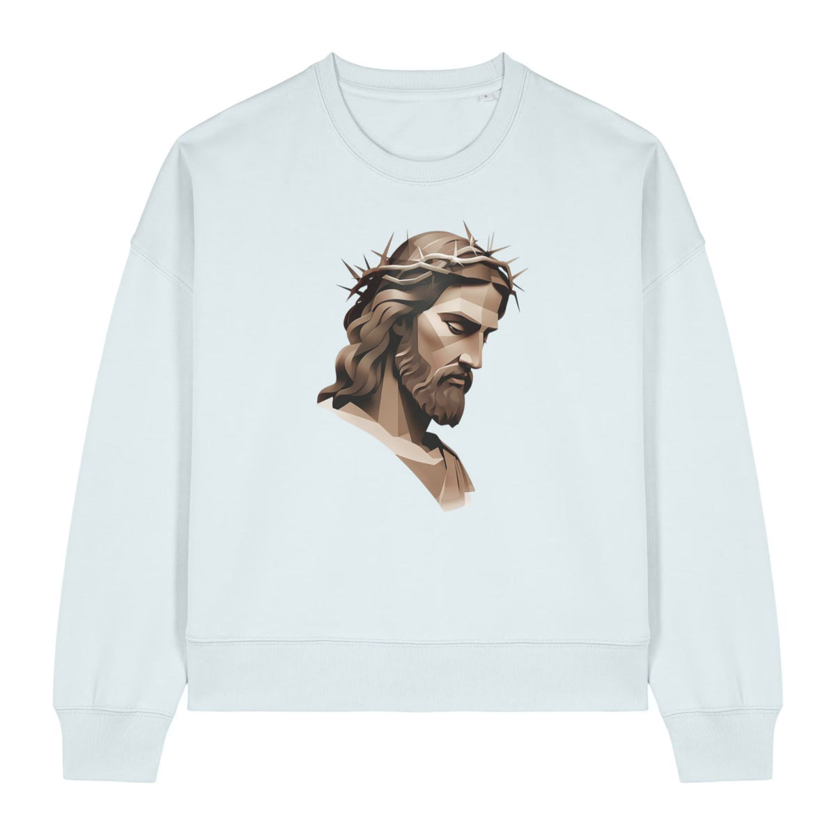 Stanley/Stella White sweatshirt with a graphic of a bearded man wearing a crown of thorns on a white background