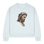 Stanley/Stella White sweatshirt with a graphic of a bearded man wearing a crown of thorns on a white background