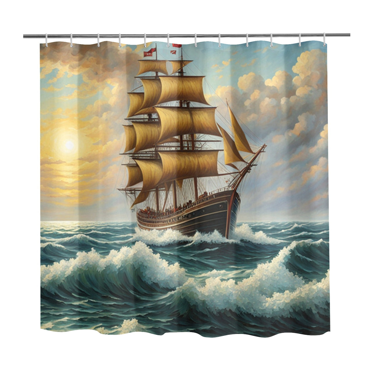Shower curtain with a sailboat design on a stormy sea