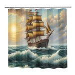 Shower curtain with a sailboat design on a stormy sea