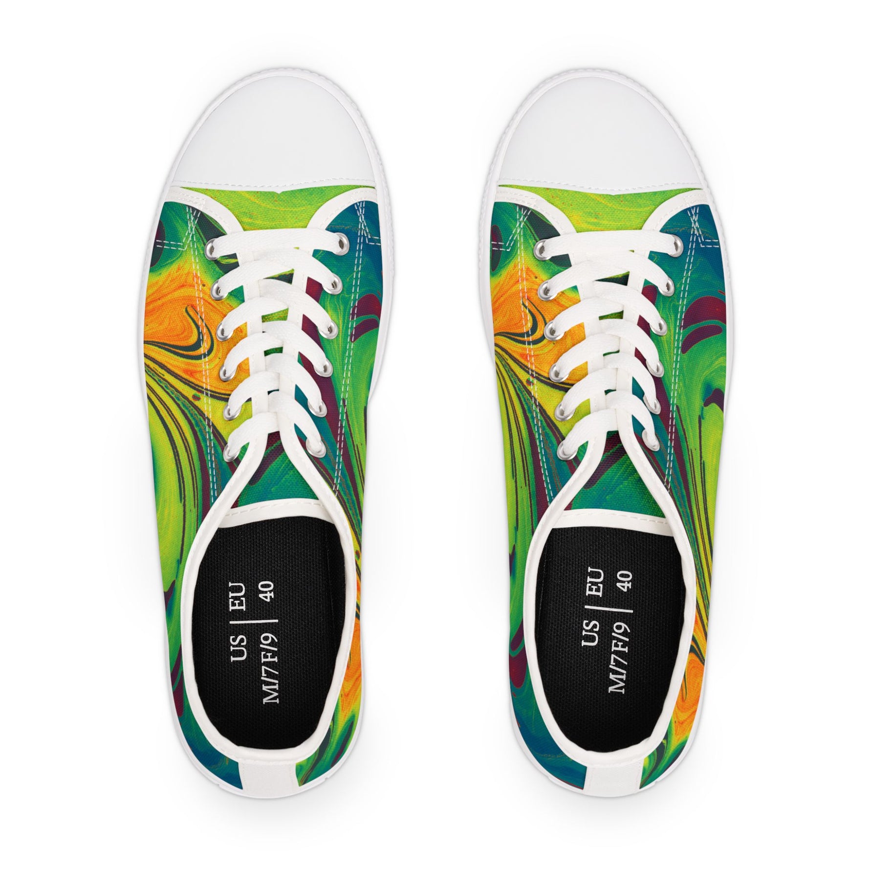 Colorful women's sneakers with abstract patterns on a white background
