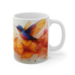 Mug with a colorful bird and flower design on a white background