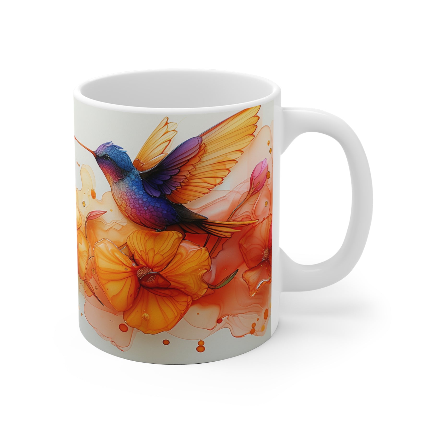 Mug with a colorful bird and flower design on a white background