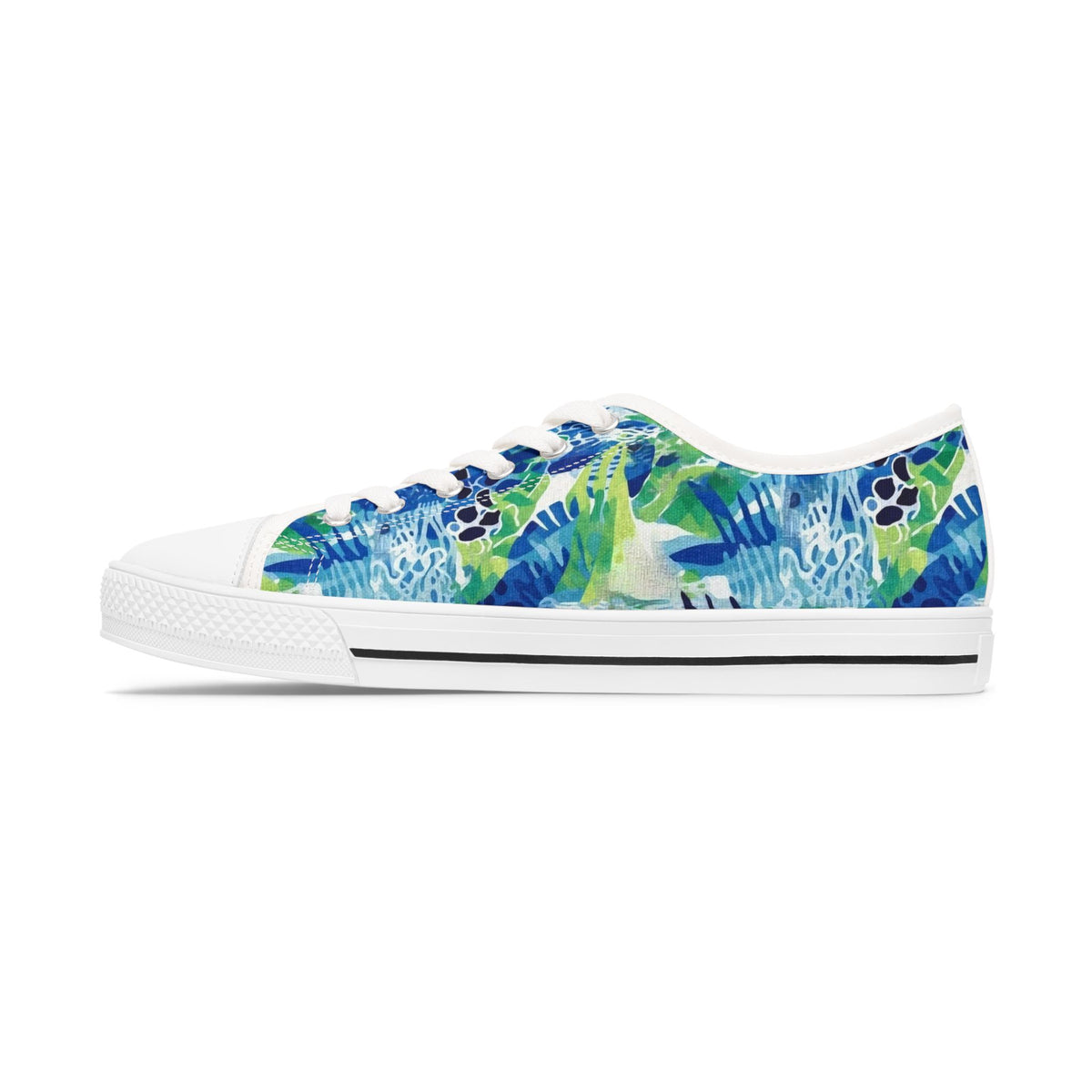 Sneaker with a colorful paw print pattern on a white background