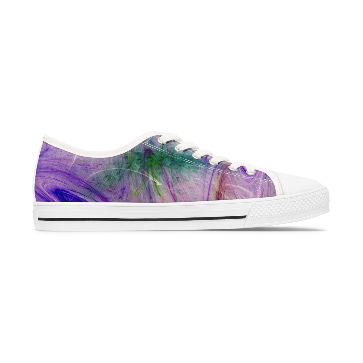 Womens white sneaker with purple and green marbled pattern on a white background