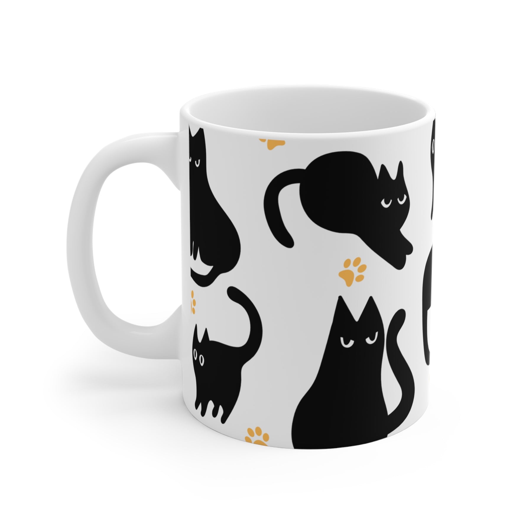 White mug with black cat illustrations on a white background