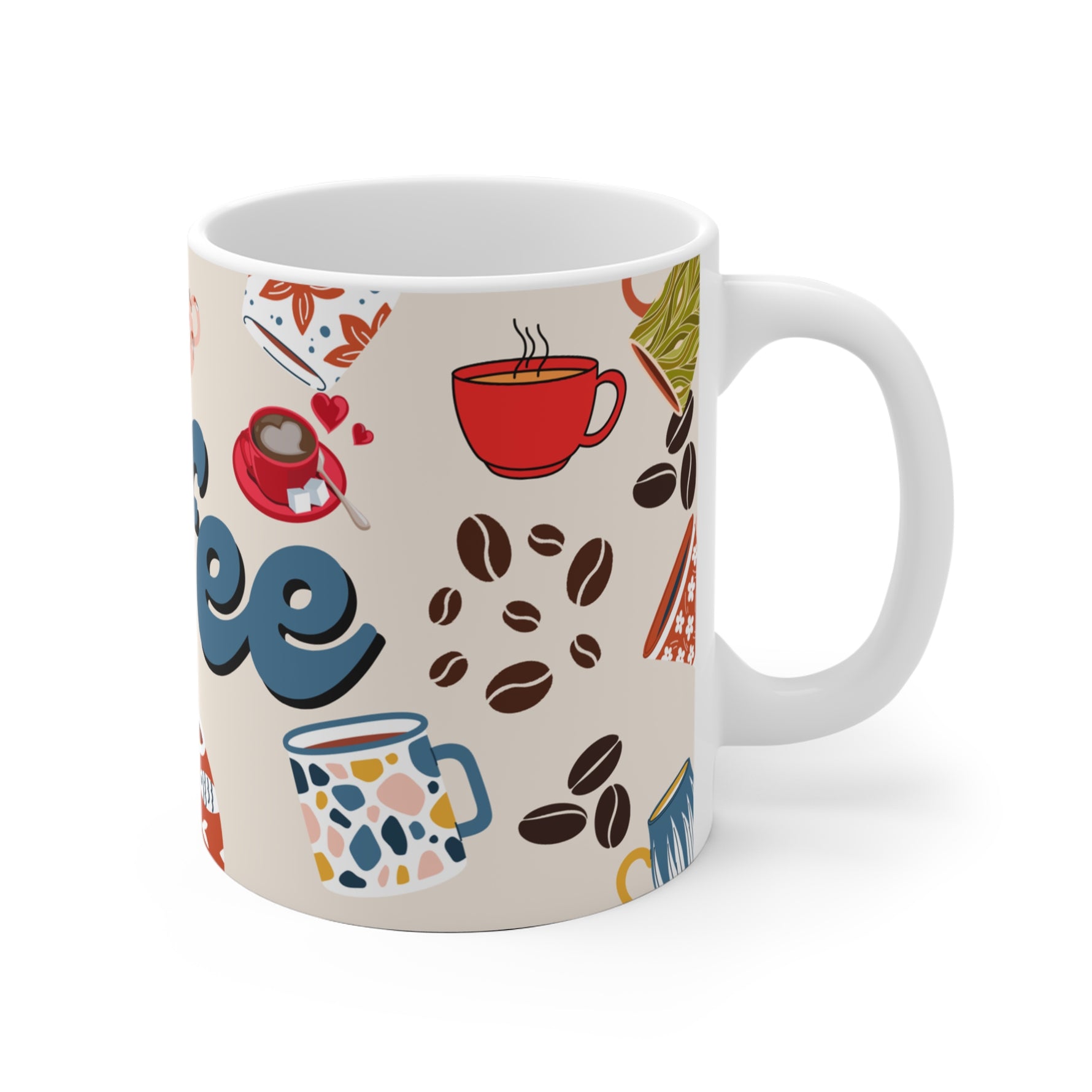 White Mug with coffee-themed design on a white background