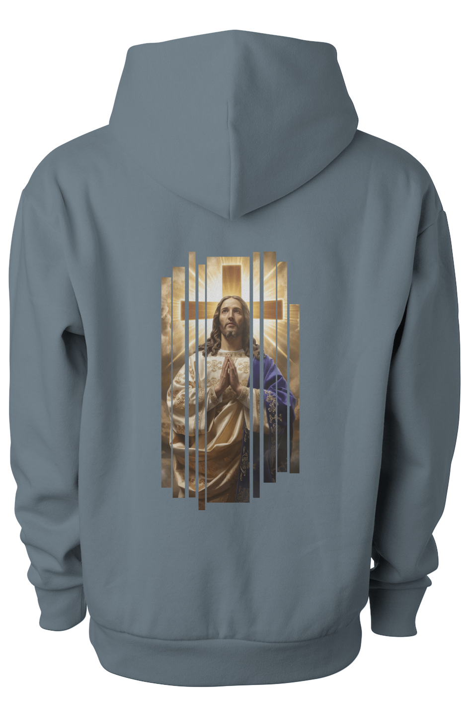Men's blue hoodie with a religious graphic on the back against a white background