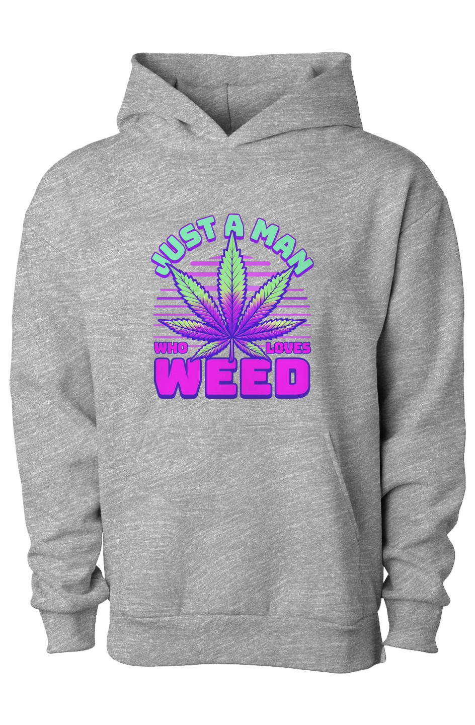 Gray hoodie with a graphic design featuring a cannabis leaf and text on a white background