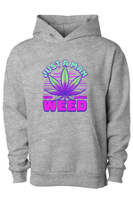 Gray hoodie with a graphic design featuring a cannabis leaf and text on a white background