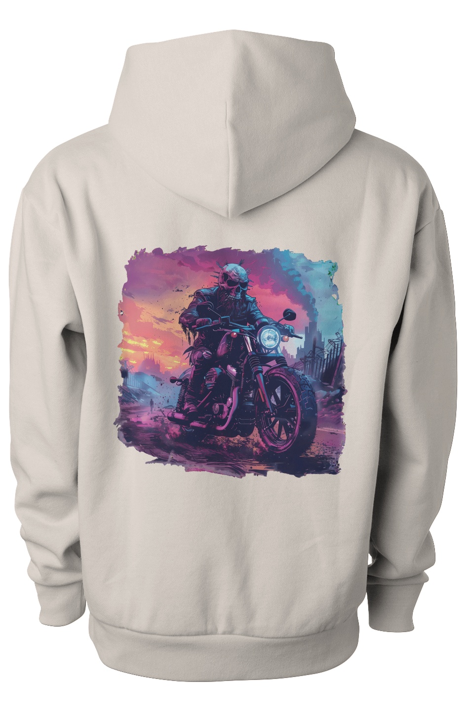 Men's Gray hoodie with a colorful graphic of a motorcycle on the back against a white background