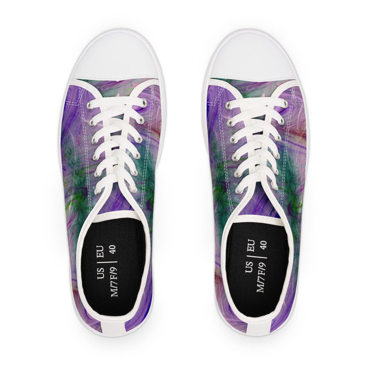 Pair of womens sneakers with purple and green abstract pattern on a white background