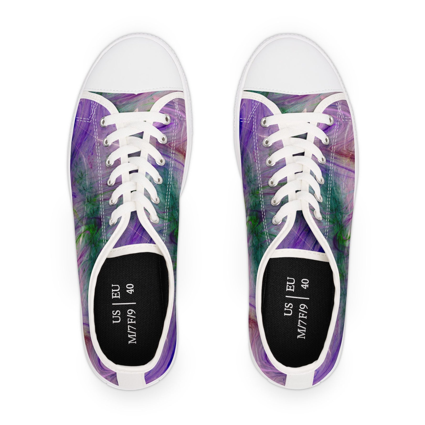 Pair of womens sneakers with purple and green abstract pattern on a white background