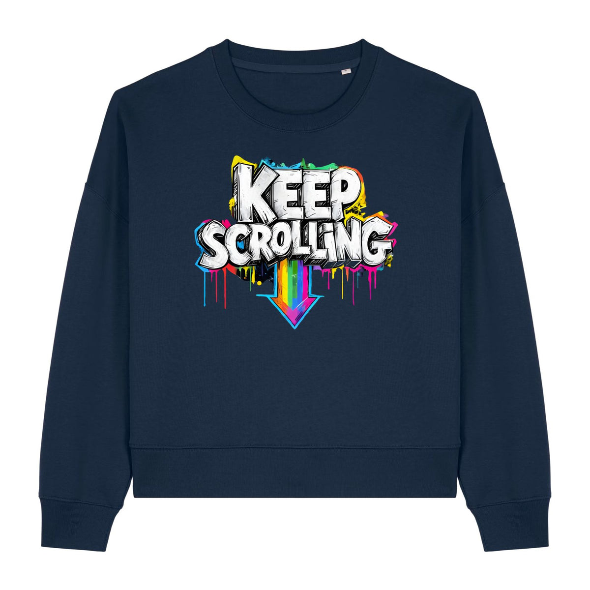 Stanley/Stella Navy blue sweatshirt with 'KEEP SCROLLING' text and colorful design on a white background