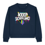 Stanley/Stella Navy blue sweatshirt with 'KEEP SCROLLING' text and colorful design on a white background